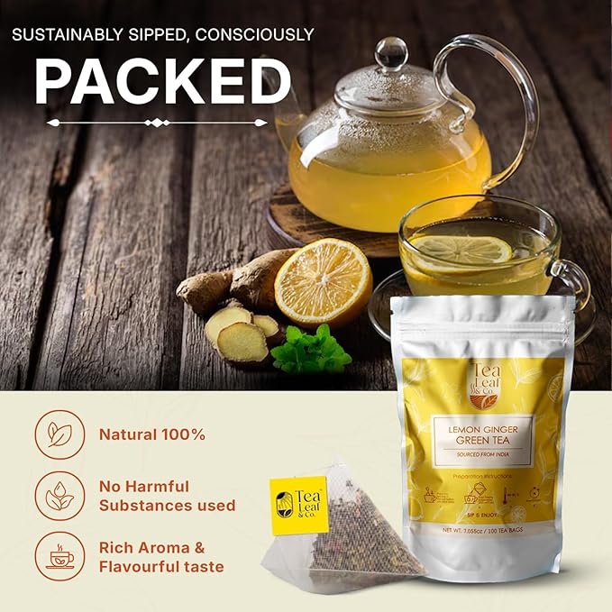 Tealeaf & Co. Lemon Ginger Green Tea with Ginger, Lemon Flavor, Orange Peel, Mint & Black Pepper - Organic Green Tea Bags with Fresh Herbs and Spices - Vegan - 100 Teabags (7.055oz/200gm) - Bloomnest