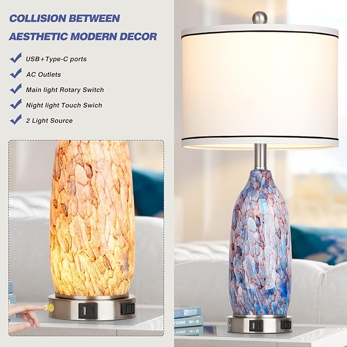 26" Coastal Glass Table Lamps Set of 2 for Living Room, 3 Way Touch Bedside Lamp for Bedroom, Nautical Beachy Lamp with USB A+C Ports and AC Outlet for Nightstand, 2 LED Bulbs Included - Bloomnest