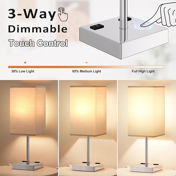 Touch Bedside Table Lamp For Nightstand - 3-Way Dimmable Night Lamp with USB A + Type C Charging Ports and two AC Outlets, Small Desk Light with E26 LED Bulb for Bedroom Living Room, GREY PLUS - Bloomnest