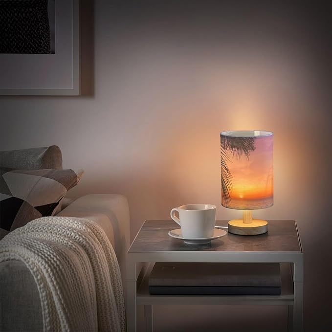 Table Lamp Sunset Ocean Palm Tree Tropical Summer Nightstand Lamp with Wood Base Fabric Lamp Shade Bedside Desk Lamp for Living Room Bedroom Kids Room Office - Bloomnest