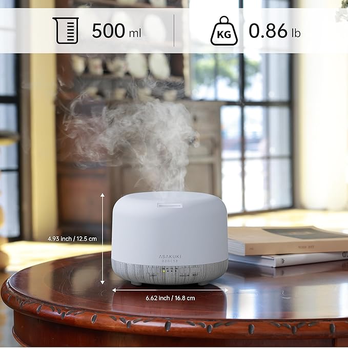 ASAKUKI Essential Oil Diffuser 500ml, Ultrasonic Aromatherapy Humidifier with Remote Control, 7 LED Colors, Timer & Auto-Off, Large Room Diffuser (White) - Bloomnest