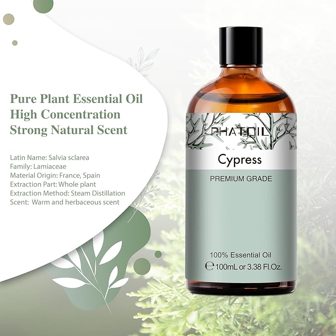 Cypress 3.38fl.oz Essential Oil, PHATOIL Aromatherapy Essential Oils for Diffuser, Humidifier, Perfect for DIY Soap, Candle, Bath Bombs Making(100ml) PHATOIL