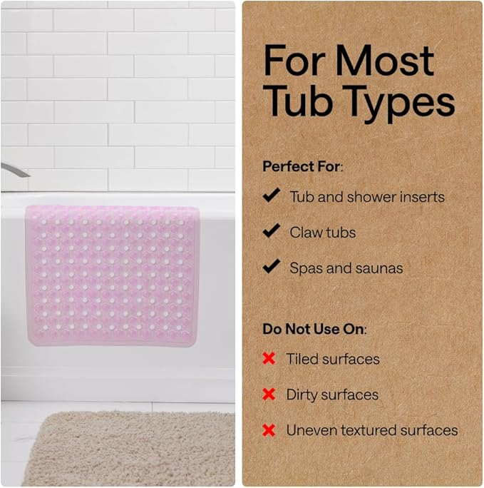 GORILLA GRIP Patented Bath Tub Shower Mat, Machine Washable Bathtub Floor Liner Mats, Suction Cups and Drain Holes to Keep Tubs Clean, Soft on Feet, Bathroom Essentials, 35x16 Inch, Clear Light Pink - Bloomnest