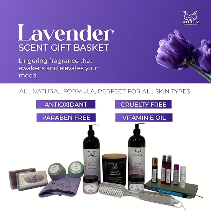 Bella Liz Lavender Gift Set – 14 piece Spa Set with Soy Candle, Handmade Soaps, Body Wash & Lotion, Bath Bombs, Lip Balms, Sugar Scrub, Body Butter & More – Self-Care Gift - Bloomnest