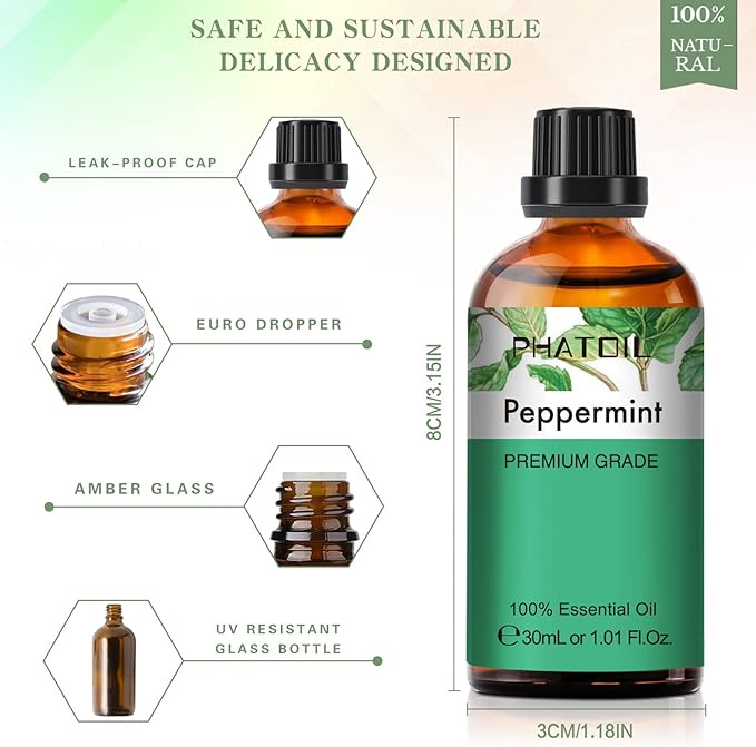Peppermint Essential Oil, 1.01Fl.Oz (30ML) PHATOIL Pure Essential Oil Singles for Aromatherapy Diffusers, Humidifiers, Great for DIY Candle and Soap Making, Gift for Friend - Bloomnest