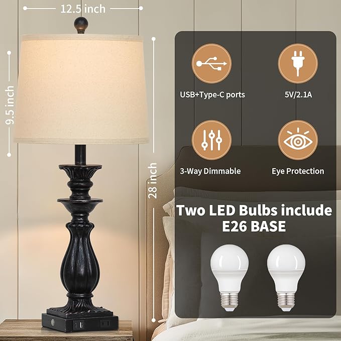 28" Farmhouse Table Lamps Set of 2 for Living Room, 3 Way Dimmable Bedside Lamp with USB C+A Ports & AC Outlet, Resin Vintage Tall Nightstand Lamps for Bedroom Office Hallway, Black - Bloomnest