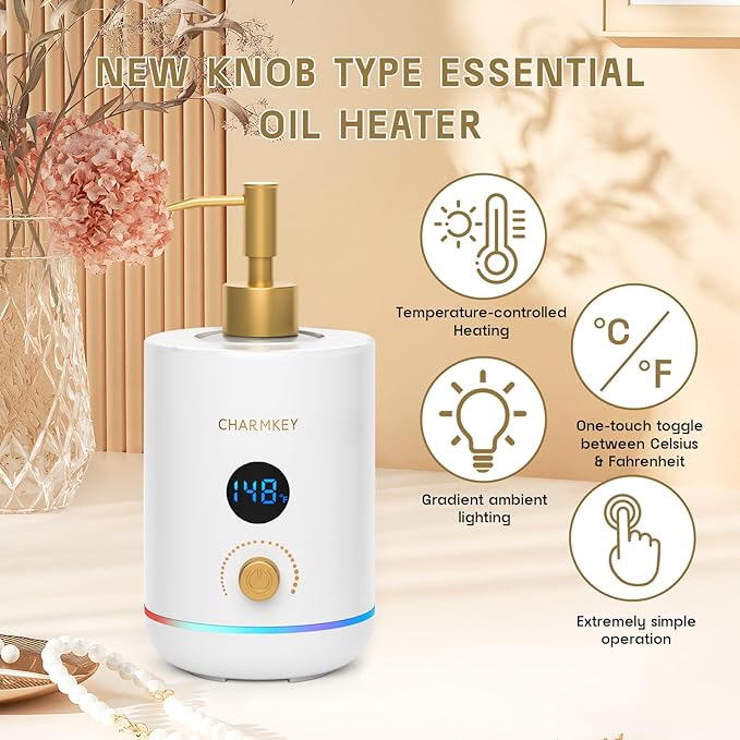 CHARMKEY Massage Oil Warmer White, 2 Oil Bottle Dispensers & 2 Silicone Funnels, Digital Heater for SPA, Oil Lotion Cream for Salon, Barber Shops, Home - Bloomnest