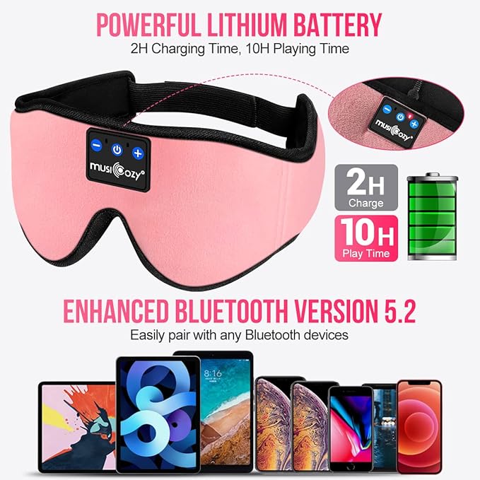 MUSICOZY Bluetooth 5.4 Sleep Headphones, Wireless Eye Mask Headband for Side Sleepers, Sleeping Mask with HD Stereo Sound, Cool Tech Gadgets for Women, Men, Air Travel, Unique Gifts - Bloomnest