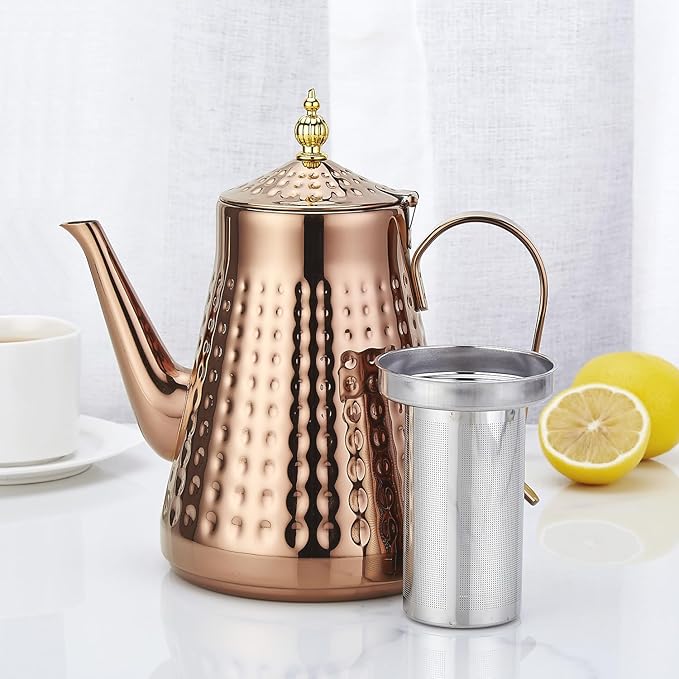 SANQIAHOME 1.8L(60oz) Stainless Steel Hammer Patterned Teapot With Removeable Infuser,Loose leaf cover,Copper - Bloomnest
