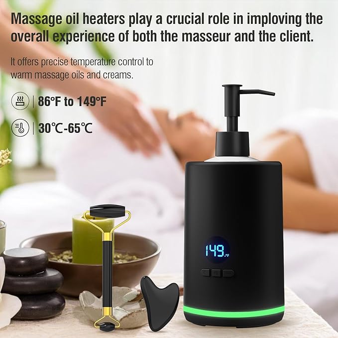 Massage Oil Lotion Warmer, Massage Oil Heater for SPA Massage Therapy and Personal Use, Portable Body Oil Warmer Dispenser with Two Massage Bottles, Adjustable Temperature(86-149°F), Black - Bloomnest