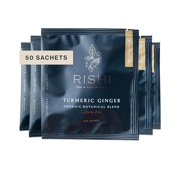 Rishi Tea Turmeric Ginger Herbal Tea - Organic Sachet Bags, Caffeine Free Ayurvedic Digestive Blend with Spicy Ginger & Citrus, Hot or Iced - 50 Count - Bloomnest