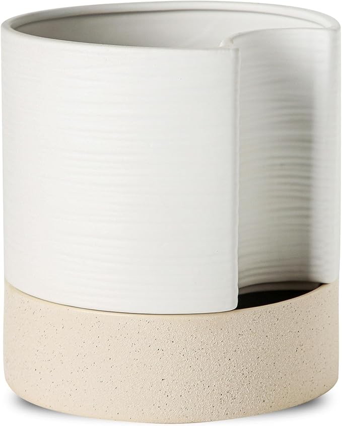 Nihow Self Watering Plant Pot: 8 Inch Ceramic Planter with Drainage Hole & Water Storage Plus for Indoor & Outdoor Plants - Cylinder Round Flower Pot for Succulent/Herbs/Violets - White & Brown - Bloomnest