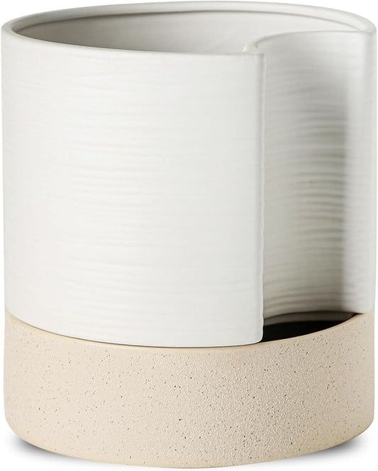 Nihow Self Watering Plant Pot: 8 Inch Ceramic Planter with Drainage Hole & Water Storage Plus for Indoor & Outdoor Plants - Cylinder Round Flower Pot for Succulent/Herbs/Violets - White & Brown - Bloomnest