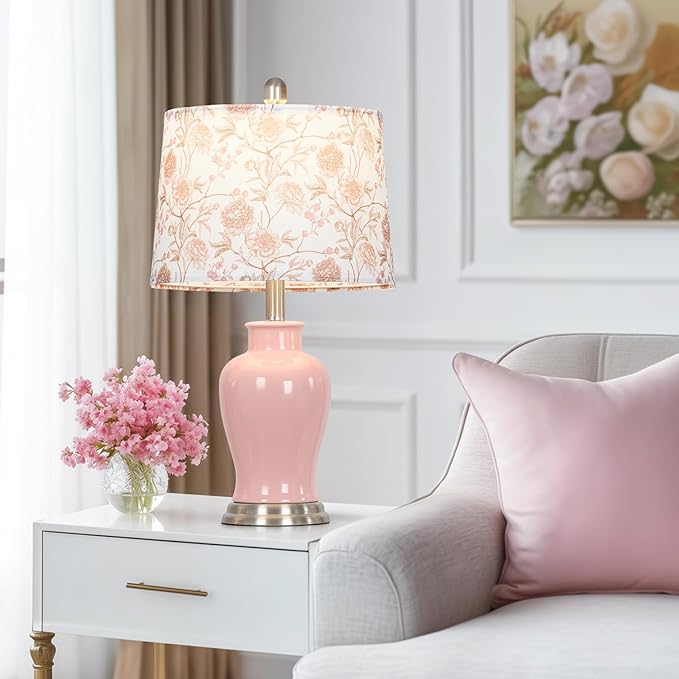 Pink Ceramic Table Lamp with Flower Lampshade, 23" Cute Bedroom Lamp with Ginger Jar Design, Modern Living Room Lamps Set 2, Elegant Bedside Lamps for Nightstand End Table Home Decor - Bloomnest