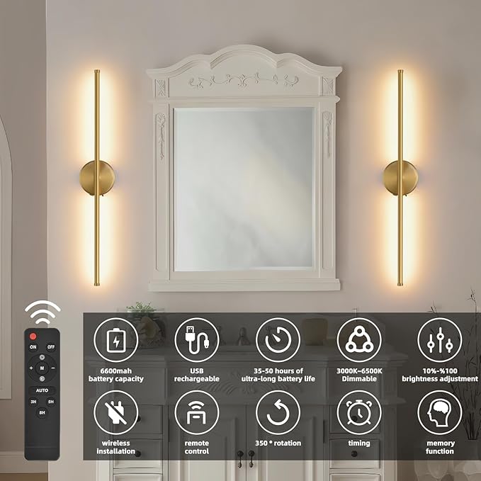 Wall Sconces Battery Operated Set of Two, Gold LED Wireless Wall Sconce with Remote Control 350° Rotate, 27.6 Inch Dimmable USB Rechargeable Wall Lights for Living Room Bedroom Hallway - Bloomnest