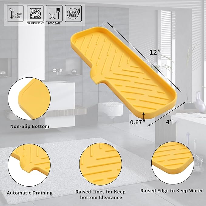 Silicone Bathroom Soap Dishes with Drain Spout-Bathroom and Kitchen Sink Organizer,Sponge Holder,Dish Soap Tray,Perfect for Dispenser,Scrubber,Bottle,Cup on Sink or Counter-Yellow 12"×4" - Bloomnest