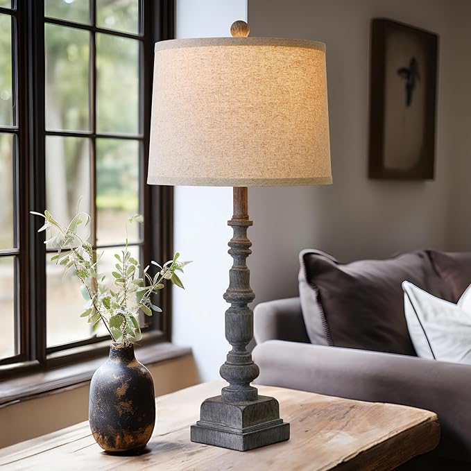 Oneach 27.75" Vintage Farmhouse USB A+C Table Lamps Set of 2 for Living Room Traditional Bedside Lamps for Bedroom Office Mid Century Table Lamp Antique Grey Accent Rustic Lamps for End Table - Bloomnest