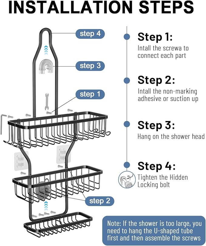 Shower Caddy Hanging - Never Rust Shower Hanging Organizer - Aluminum Over the ShowerHead Caddy with Soap Basket and 6 Hooks for Razor/Sponge (Black) - Bloomnest