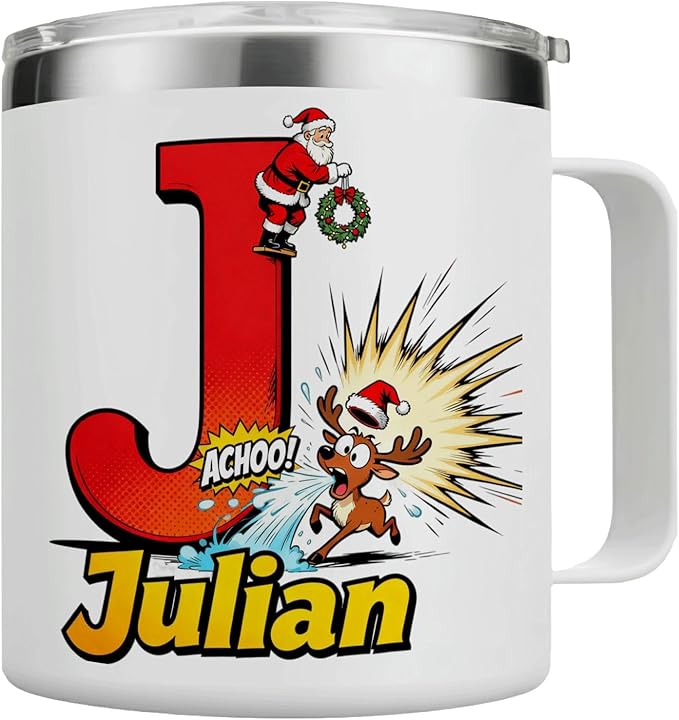 Personalized Christmas Mug with Name Initial - Funny Comic Santa & Sneezing Reindeer 12oz Insulated Stainless Steel Coffee Cup with Handle & Lid - Unique Xmas Holiday Gifts for Kids, Boys, Men (B153) - Bloomnest