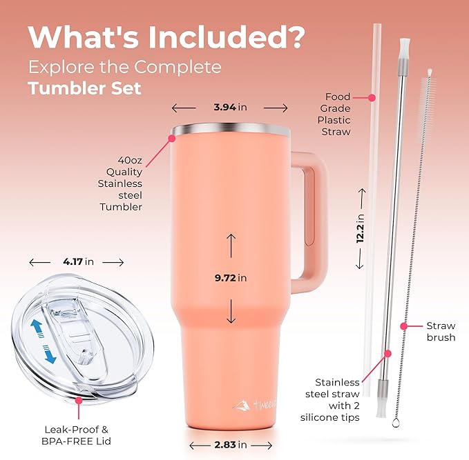 40 oz Tumbler With Handle and Straw Made of Stainless Steel - Double Wall Vacuum Insulated Tumbler With Lid - Sweat Proof Easy Grip, BPA-Free, Dishwasher Safe Tumbler (Peach) - Bloomnest