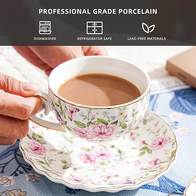 Tea Cup and Saucers, 6.4oz Floral Tea Cups with Gold Trim, Coffee Cappuccino Espresso Latte Mugs for Party Birthday,Christmas Gift (Pink and purple flowers) - Bloomnest