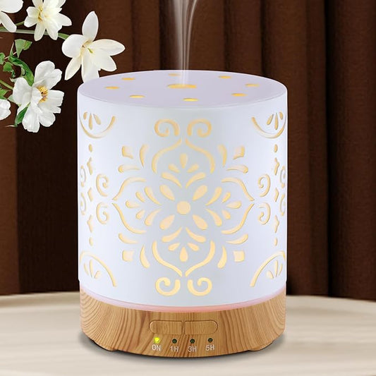 Essential Oil Diffuser for Home - 300ML Metal Aromatherapy Diffuser with Auto Shut-Off Protection & 4 Timers, Ultrasonic Humidifier with 7 Colors Lights for Large Room, Home Office Décor(White Flower) - Bloomnest