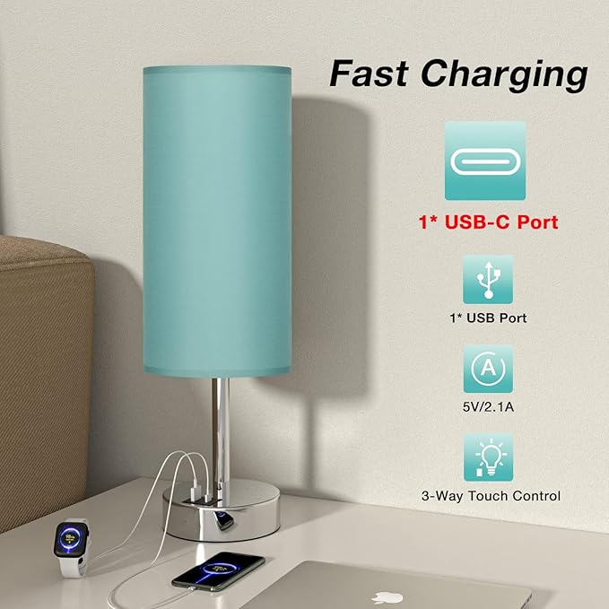 Teal Touch Bedside Lamps for Bedroom - Small Coastal Nightstand Lamp with USB-C and USB A Charging Ports, 3 Way Dimmable Control Table Lamp for Office, Dorm with Fabric Shade Silver Base - Bloomnest