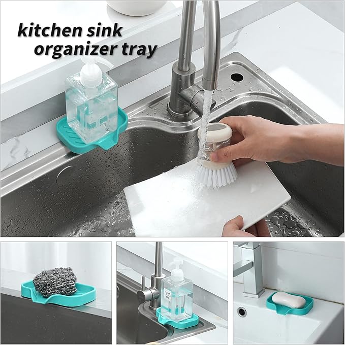 Silicone Bathroom Soap Dishes with Drain Spout-Bathroom and Kitchen Sink Organizer,Sponge Holder,Dish Soap Tray,Perfect for Dispenser,Scrubber,Bottle,Cup on Sink or Counter-Mint 4.9"×3.2" - Bloomnest