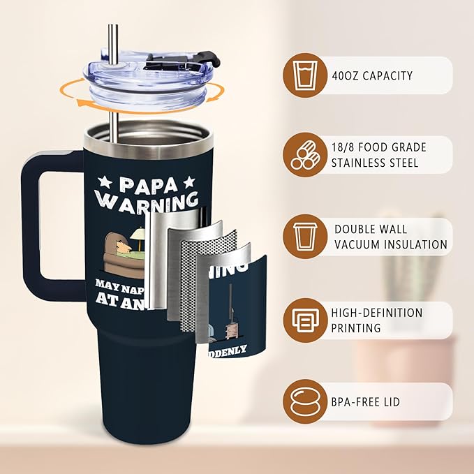 DUUV Papa Tumbler 40 Oz, Funny Papa Gifts for Dad from Daughter Son Kids, Christmas Birthday Gifts for Daddy Stepdad Elderly Father, Dad Tumbler Stainless Steel Insulated Travel Mug with Handle, 1PCS - Bloomnest