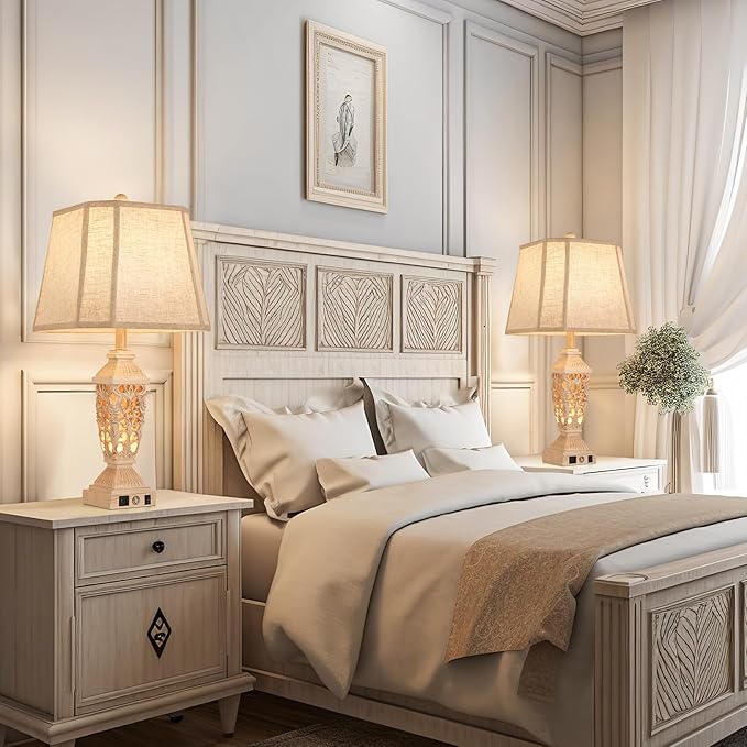 AIDENOEY Farmhouses Table Lamp with USB & USB-C Charging Ports, 3-Color Dimmable & Stepless Bottom Dimming, Touch Control & Switch, Vintage Bedside Lamp for Bedroom Living Room Office,(27.5" high)