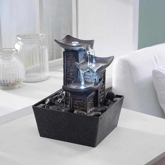 Tabletop Fountain Indoor Waterfall – 3-Tier Black Zen Decor with Pebble Base, White LED Light, Water Pump & On/Off Switch – Desktop Feng Shui Relaxation Gift for Home or Office (21110B) - Bloomnest