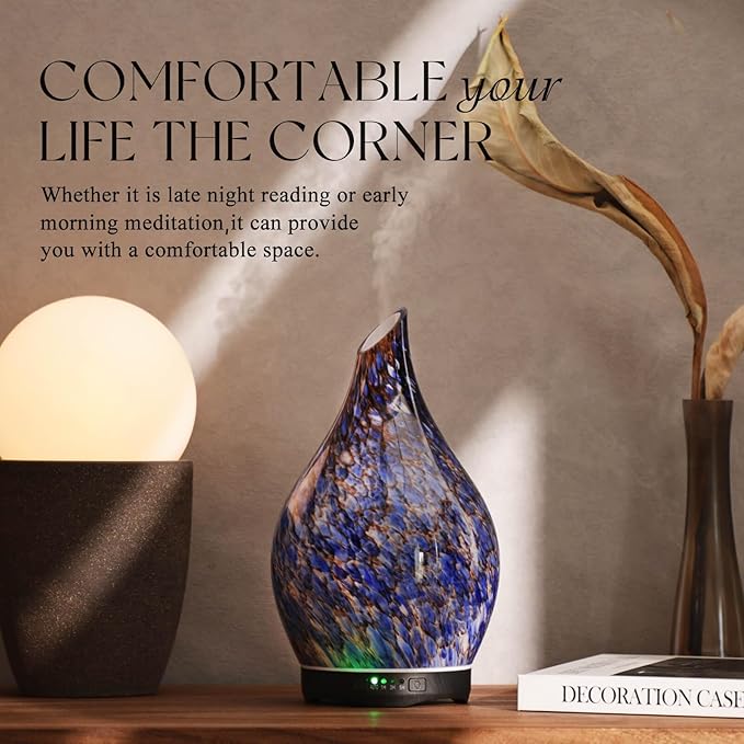 Porseme 280ml Essential Oil Diffuser Glass Color Changing Aroma Air Diffusers Aromatherapy Ultrasonic Cool Mist Humidifier 7 Running Hours Waterless Auto-Off for Sleeping, Yoga, Office (Deep Blue) - Bloomnest
