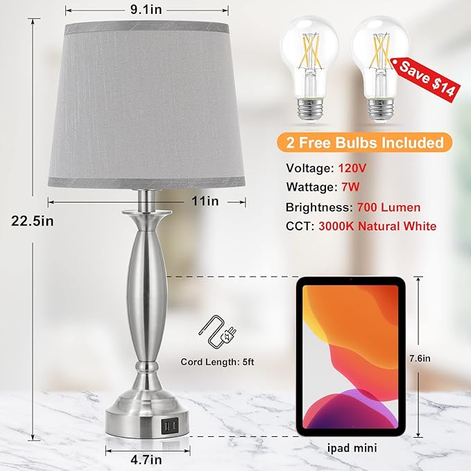 Seealle Lamps for Bedrooms - Touch Control Bedside Lamp with USB C+A, 3 Way Dimmable Nightstand Lamps with USB Port, Brushed Nickel Table Lamp for Living Room Guest Room Bed Side End Table(Single) - Bloomnest