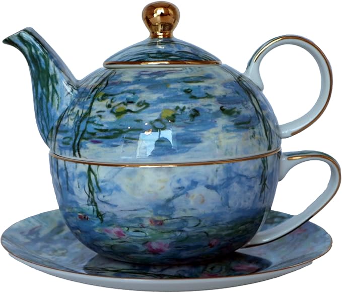 Porcelain 13 OZ Tea for One Teapot and Cup Set Vintage Floral Ceramic Tea Set European Style Tea pot and Saucer Set (Water Lily) - Bloomnest