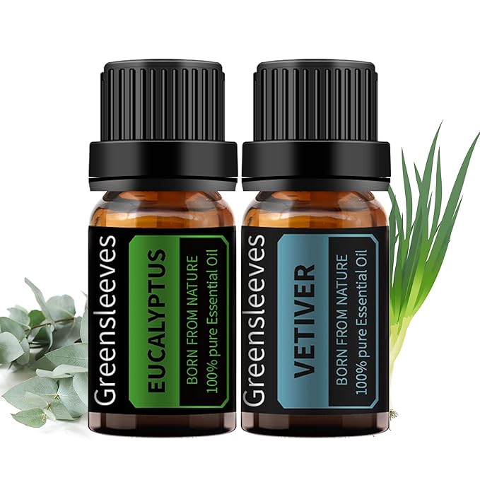 GREENSLEEVES Vetiver Eucalyptus Essential Oil Set, 2 x 10ml Pure Plant-Based Fragrance Oil for Aromatherapy, Essential Oils for Diffuser, Massage, Bath Bomb, Scented Candle Soap Making GREENSLEEVES