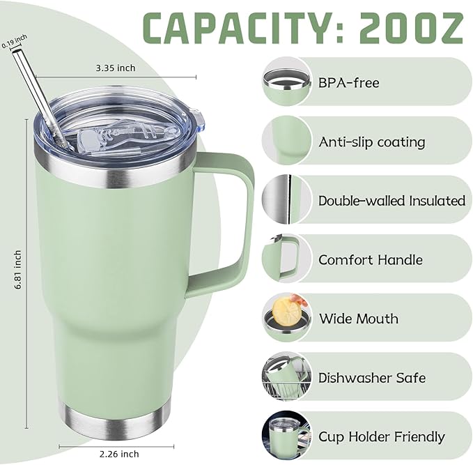 20 oz Tumbler with Handle Stainless Steel Insulated Coffee Tumbler with Lid and Straw Double Wall Vacuum Insulated Coffee Mug Leak Proof Travel Mug Tumbler for Hot and Cold Drink (Green Tea,8pack) - Bloomnest