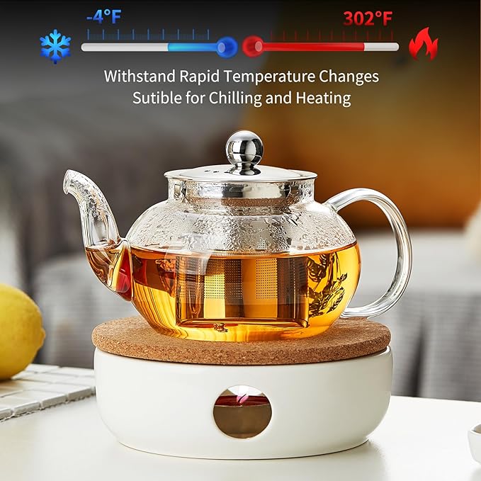Glass Teapot Stovpetop Safe,20 oz/ 600 ml Stove Top & Microwave Safe Small Borosilicate Glass Kettle with Loose Leaf Tea Strainer For Flower Blooming Tea, Clear - Bloomnest