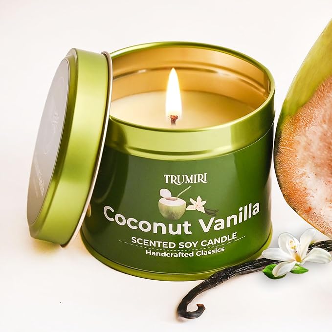 Coconut Vanilla - Aromatherapy Candles for Home Scented - 5oz Natural Soy Wax Clean Organic Non Toxic - Long Lasting Highly Scented with Essential Oils - Gifts for Women Relaxing Spa Beach Bathroom TRUMIRI
