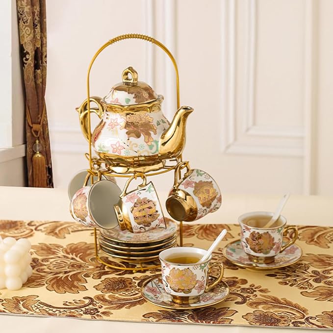 CHANJOON Gold Plated Red Rose Ceramic Tea Set, Vintage Tea Sets with Teapot, Beautiful Tea Set Coffee Serving 6 People (pink, Medium) - Bloomnest