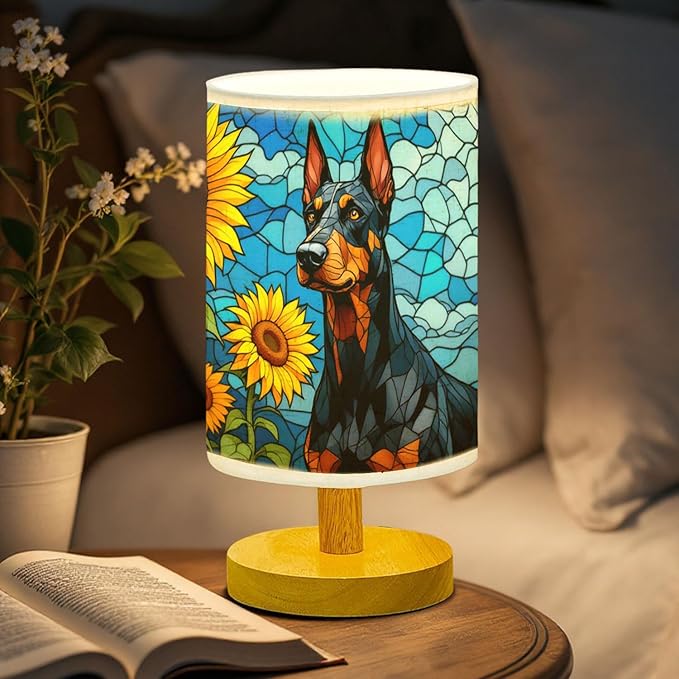Doberman Table Lamp LED 3-Color Pressed Bedside, Dog Shade Lamp with Wood Base for Bedroom Living Room Desk Office - Bloomnest
