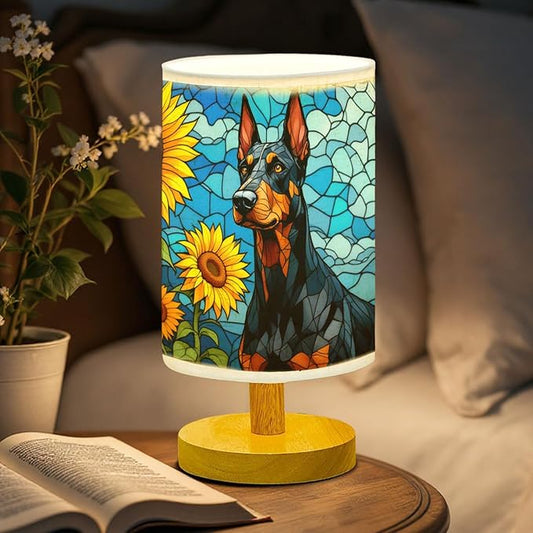 Doberman Table Lamp LED 3-Color Pressed Bedside, Dog Shade Lamp with Wood Base for Bedroom Living Room Desk Office - Bloomnest