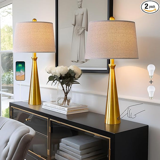 Oneach 25.75" 3-Way Dimmable Touch Control Modern USB Table Lamp Set of 2 for Living Room Bed Room Bedside Nightstand Lamps Fabric Shade Vintage Accent Light Gold Antique Brass - Bloomnest