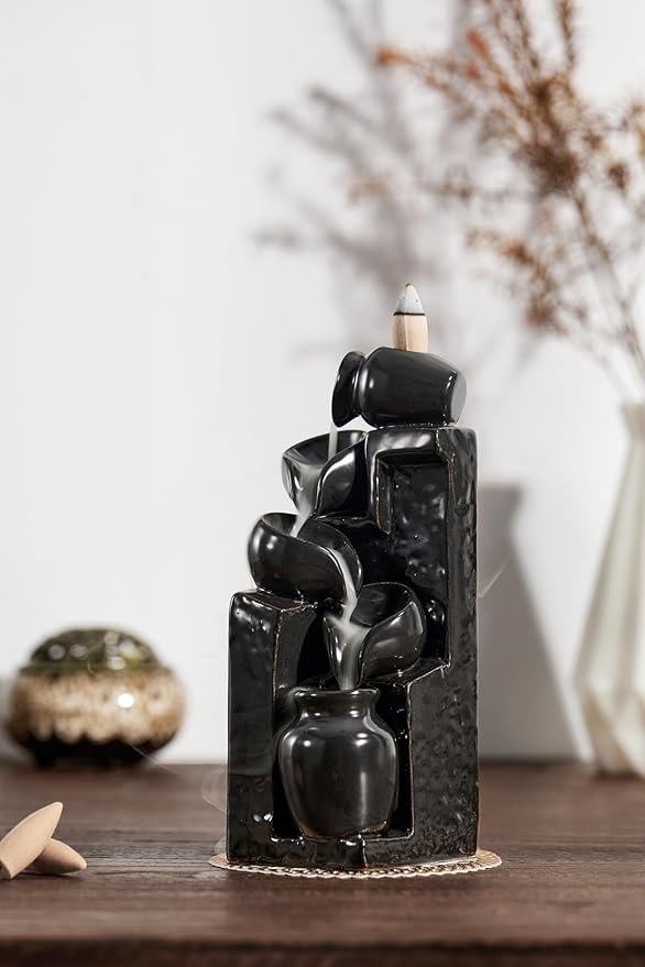 Unique Cascading Basins Ceramic Waterfall Incense Holder, Paired with a Pack of Backflow Incense Cones. (Black) - Bloomnest