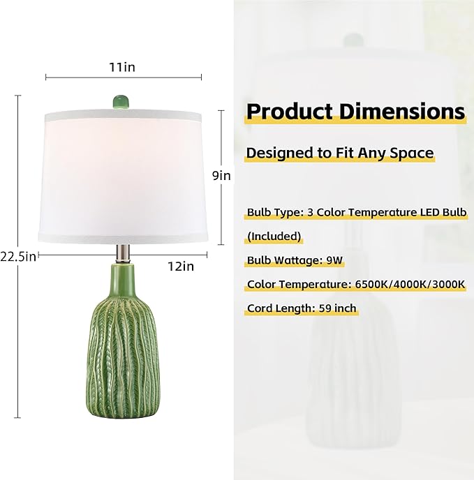 GRUENLICH Ceramic Table Lamp Set of 2 for Nightstand, 22.5" Modern Green Bedside Lamp with 3 Adjustable Color Temperature, Bedroom Lamp for Living Room Desk End Table Office (2 LED Bulbs Included) - Bloomnest