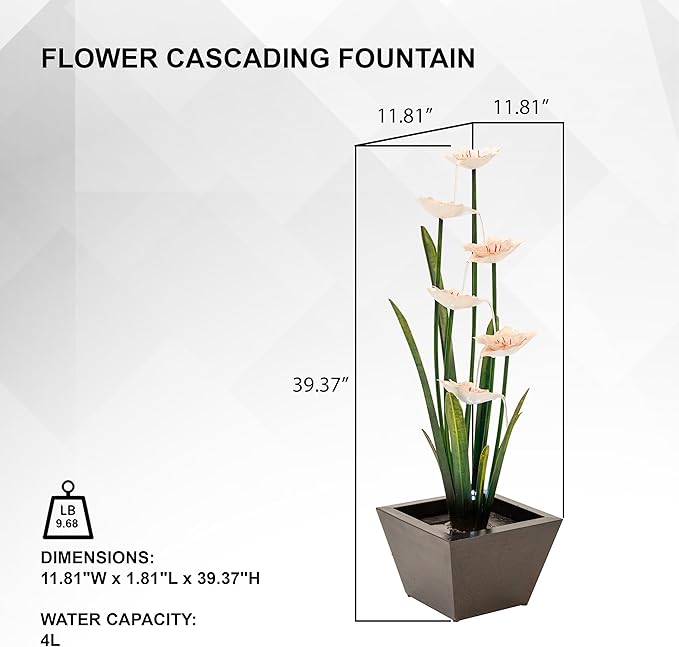 XBrand Freestanding Sculptural Metal Multi-Tiered Flower Water Fountain, w/LED Lights, Multicolored, 39" Tall