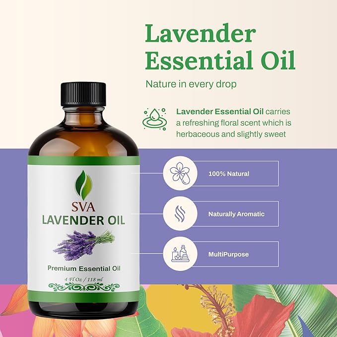 SVA Lavender Essential Oil – 4 Fl Oz – 100% Natural Lavender Oil - for Diffuser, Hair Care, Face, Skin Care, Aromatherapy, Scalp and Body Massage, Soap and Candle Making – with Dropper - Bloomnest