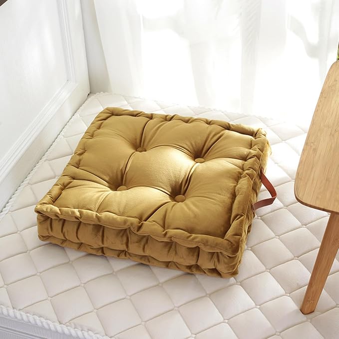 Square Floor Cushion, 16.5" Soft Velvet Floor Seating Pillow Cushion with Handle Thicken Decorative Floor Cushion for Yoga Living Room Balcony Outdoor Bedroom Tatami, Ginger Yellow - Bloomnest