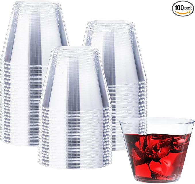 9 oz Clear Plastic Cups, 100 Pack Disposable Fancy Cup for Wedding, Cocktail Cups 9 Ounce, Bulk Clear Plastic Tumblers for Iced Coffee, Cold Beverage - Bloomnest