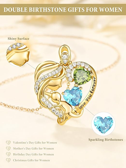 14K Gold Double Birthstone Heart Necklace for Women Mom, Mother Son/Daughter Pendant Necklace for Christmas Mother's Day Birthday Gifts for Wife Daughter Grandmom - Bloomnest