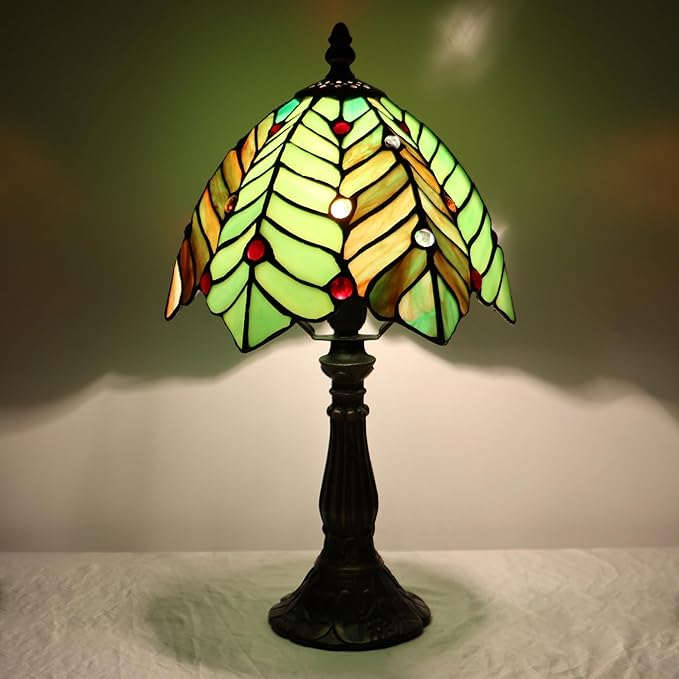 Small Tiffany Lamp Mini Accent Table Lamp Stained Glass Desk Memory Lamp Sympathy 8X14.5 Inch (Brown Green Leaf) - Bloomnest